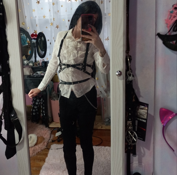 Black vegan leather dbl thigh garter harness w/chain & belt! Bondage - Picture 9 of 16